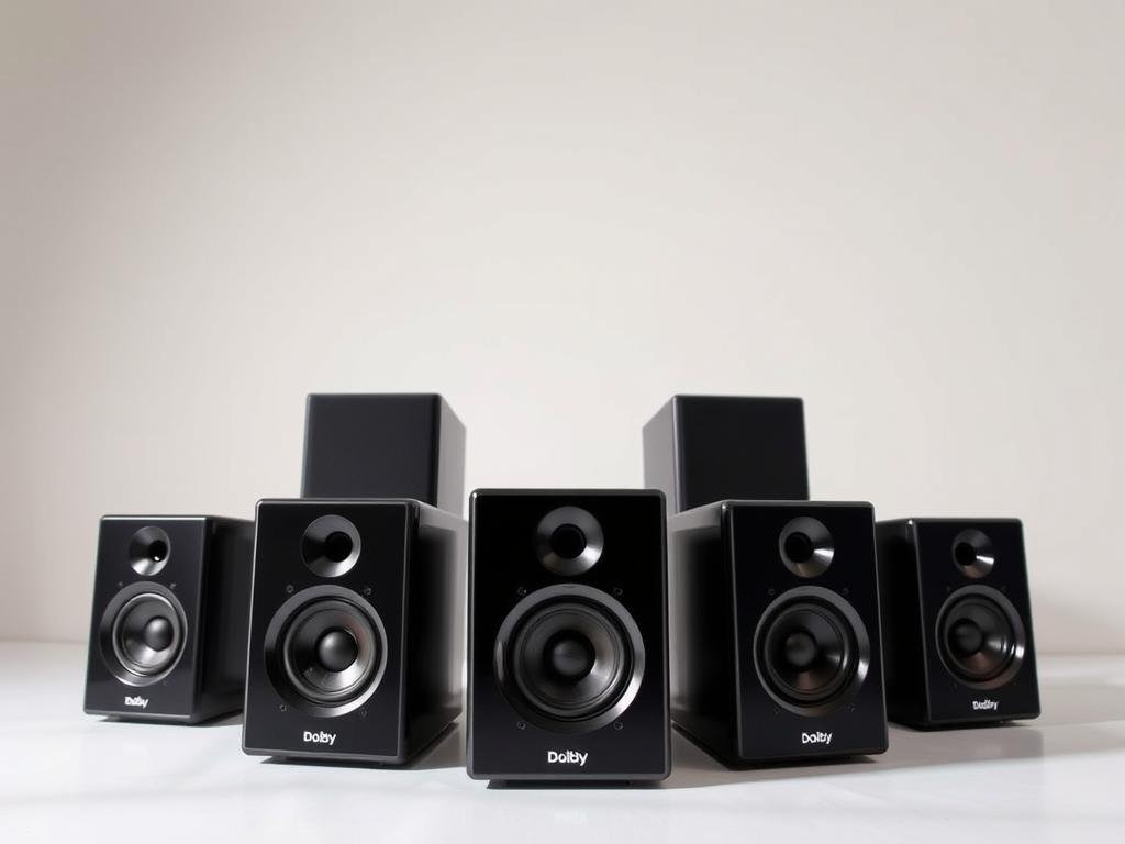 Best Budget Dolby Atom Speakers Under 300 A well-lit studio shot featuring several Dolby Atmos surround sound speaker units in a clean, minimalist setup. The speakers are mid-range models with sleek black or gray finishes, arranged in a symmetrical 5.1 or 7.1 configuration. The foreground showcases the detailed drivers, ports, and control interfaces. The middle ground highlights the compact, space-saving designs suited for small to medium-sized rooms. The background depicts a simple, neutral backdrop that emphasizes the speakers' modern, high-tech aesthetic. Crisp focus, natural lighting, and a slightly low camera angle convey a sense of quality and performance within a tight budget.