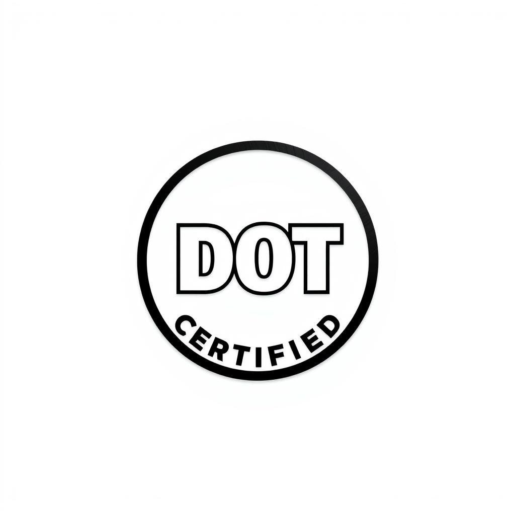 A pristine, high-resolution image of a DOT (Department of Transportation) motorcycle helmet certification seal against a clean, white background. The seal is centered and prominently displayed, showcasing the iconic DOT logo and certification text in sharp, crisp detail. The lighting is evenly distributed, creating a sense of professionalism and authority. The angle is slightly elevated, giving the seal an authoritative presence. The overall mood is one of trust, safety, and regulatory compliance, reflecting the importance of certification standards in the motorcycle and ski helmet industry.