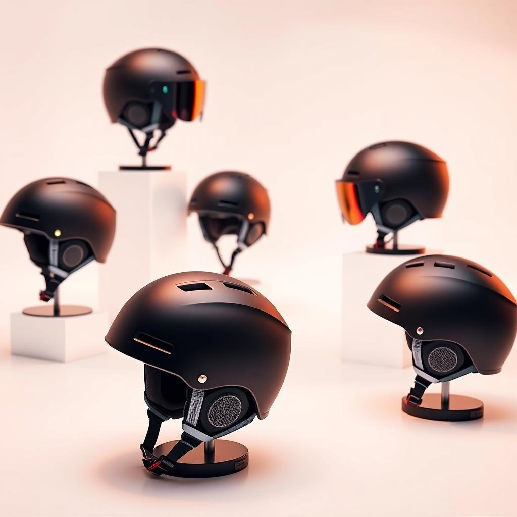 A pristine, well-lit studio setting showcases a collection of sleek, modern ski helmets with integrated Bluetooth speakers. The helmets are displayed at various angles, highlighting their aerodynamic design and high-tech features. Subtle ambient lighting casts a warm, inviting glow, drawing attention to the helmets' matte finishes and subtle accent colors. The background is a clean, minimalist white, allowing the products to take center stage. The overall scene conveys a sense of sophistication, innovation, and the perfect blend of style and functionality for the discerning winter sports enthusiast.