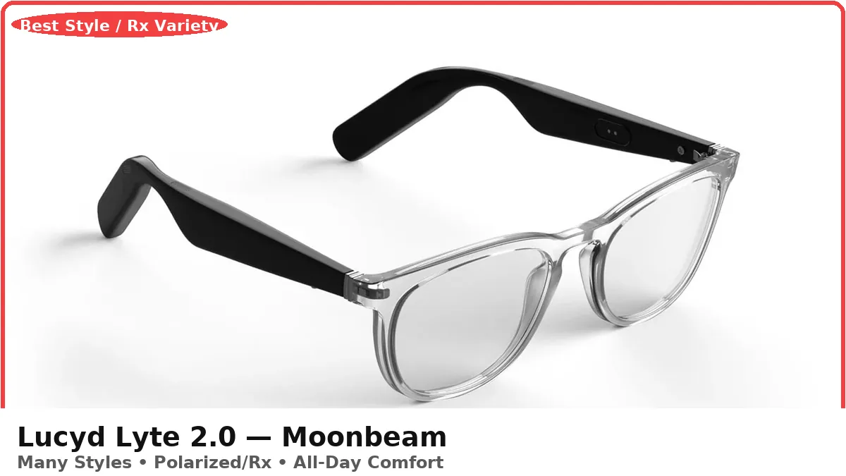 Lucyd Lyte 2.0 Moonbeam audio glasses with clear front and black temples