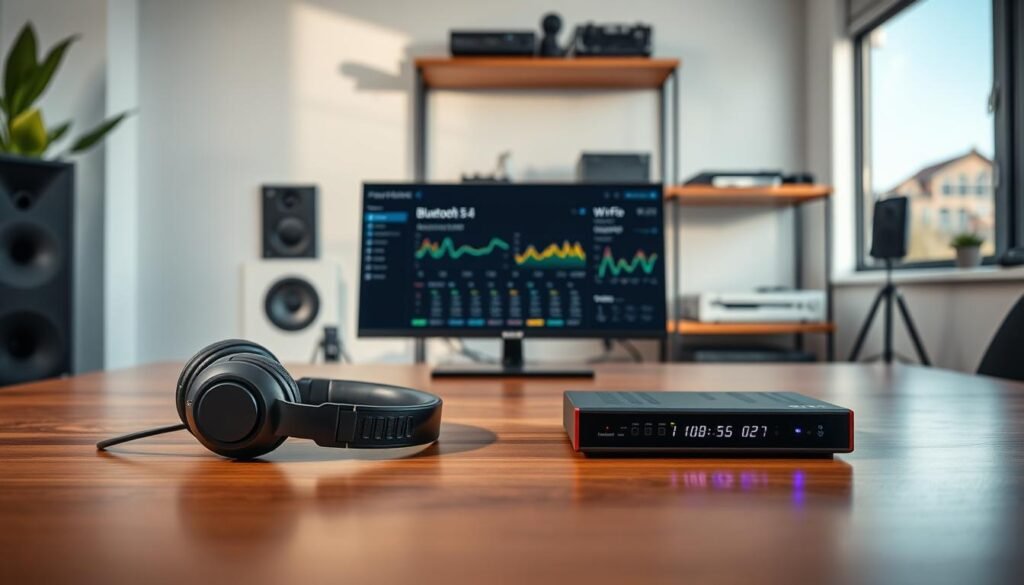 A modern, high-tech workspace featuring an optimized wireless audio setup, showcasing both Bluetooth 5.4 and Wi-Fi 7 technologies. In the foreground, a sleek pair of wireless headphones rests on a polished wooden desk. Nearby, a stylish, compact audio interface with LED indicators pulses softly, symbolizing active connections. The middle ground reveals a large monitor displaying an analytics dashboard for audio latency testing, with colorful graphs and metrics. In the background, a well-organized shelf holds various audio devices and cables, hinting at an efficient setup. Soft, natural lighting from a nearby window creates a calm, focused atmosphere. The image captures a professional ambiance, inviting the viewer into the world of cutting-edge audio optimization, with an emphasis on technical precision and clarity. A modern, high-tech workspace featuring an optimized wireless audio setup, showcasing both Bluetooth 5.4 and Wi-Fi 7 technologies. In the foreground, a sleek pair of wireless headphones rests on a polished wooden desk. Nearby, a stylish, compact audio interface with LED indicators pulses softly, symbolizing active connections. The middle ground reveals a large monitor displaying an analytics dashboard for audio latency testing, with colorful graphs and metrics. In the background, a well-organized shelf holds various audio devices and cables, hinting at an efficient setup. Soft, natural lighting from a nearby window creates a calm, focused atmosphere. The image captures a professional ambiance, inviting the viewer into the world of cutting-edge audio optimization, with an emphasis on technical precision and clarity.