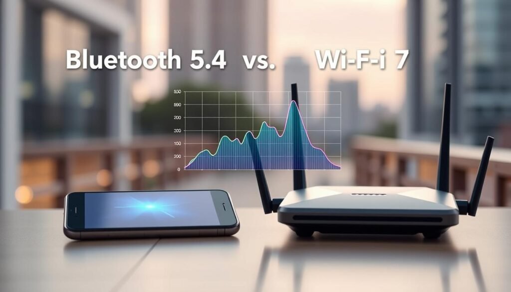A visually striking comparison image illustrating Bluetooth 5.4 versus Wi-Fi 7 latency, featuring a split-screen design. In the foreground, showcase two modern devices: a sleek smartphone for Bluetooth 5.4 and a high-tech router representing Wi-Fi 7, both with glowing indicators. The middle layer highlights a dynamic graph displaying latency metrics, with color-coded lines connecting to each device, indicating performance levels. The background features a blurred urban landscape, suggesting a real-world setting where these technologies are used. Use soft, natural lighting to create an inviting atmosphere, with a shallow depth of field for added focus. The overall mood should reflect a sense of technological advancement and efficiency. A visually striking comparison image illustrating Bluetooth 5.4 versus Wi-Fi 7 latency, featuring a split-screen design. In the foreground, showcase two modern devices: a sleek smartphone for Bluetooth 5.4 and a high-tech router representing Wi-Fi 7, both with glowing indicators. The middle layer highlights a dynamic graph displaying latency metrics, with color-coded lines connecting to each device, indicating performance levels. The background features a blurred urban landscape, suggesting a real-world setting where these technologies are used. Use soft, natural lighting to create an inviting atmosphere, with a shallow depth of field for added focus. The overall mood should reflect a sense of technological advancement and efficiency.