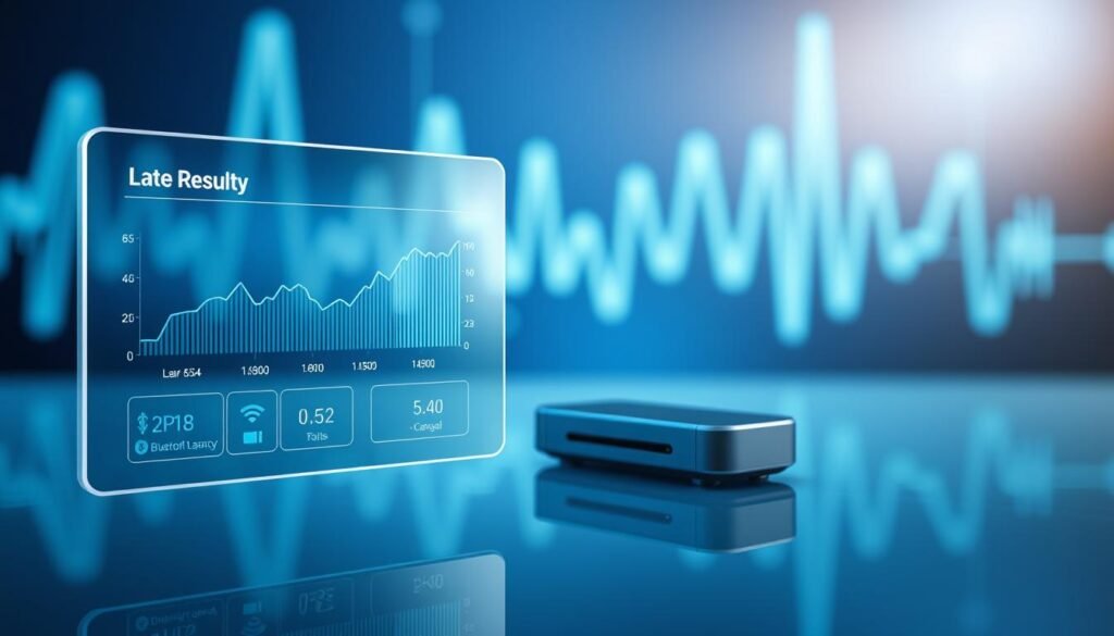 An informative and visually striking illustration showcasing the latency results of Bluetooth 5.4 technology. In the foreground, a sleek digital interface displays key latency metrics, represented as graphs and numbers, with an emphasis on low latency values. The mid-ground features a high-tech audio device, symbolizing Bluetooth 5.4 functionality, reflecting light to emphasize modernity. The background is a blurred image of a wireless signal waveform, with soft blue and green hues that evoke a sense of connectivity and innovation. The lighting is bright and focused, accentuating the transparent screen effect of the interface while casting subtle shadows for depth. The overall mood is professional, highlighting cutting-edge technology and precision measurement in audio performance. An informative and visually striking illustration showcasing the latency results of Bluetooth 5.4 technology. In the foreground, a sleek digital interface displays key latency metrics, represented as graphs and numbers, with an emphasis on low latency values. The mid-ground features a high-tech audio device, symbolizing Bluetooth 5.4 functionality, reflecting light to emphasize modernity. The background is a blurred image of a wireless signal waveform, with soft blue and green hues that evoke a sense of connectivity and innovation. The lighting is bright and focused, accentuating the transparent screen effect of the interface while casting subtle shadows for depth. The overall mood is professional, highlighting cutting-edge technology and precision measurement in audio performance.