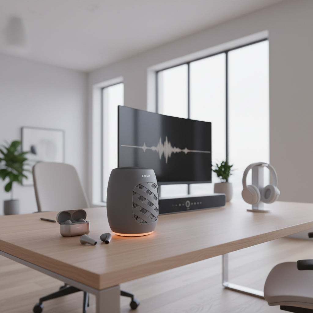 A modern, sleek workspace featuring high-tech smart audio gadgets prominently displayed on a polished desk. In the foreground, a stylish smart speaker by the brand FATAIM, showcasing innovative design with ambient lighting that creates a warm ambiance. In the middle ground, various audio devices like wireless earbuds and noise-cancelling headphones are placed carefully, emphasizing their premium build and modern features. The background features a bright, airy room with large windows allowing natural light to flood in, accented by minimalist decor that enhances productivity. The overall mood is futuristic and inspiring, highlighting the essential role of smart audio gadgets in daily life for 2025–2026. The image should be captured with a wide-angle lens for a dynamic perspective and soft focus to create depth.