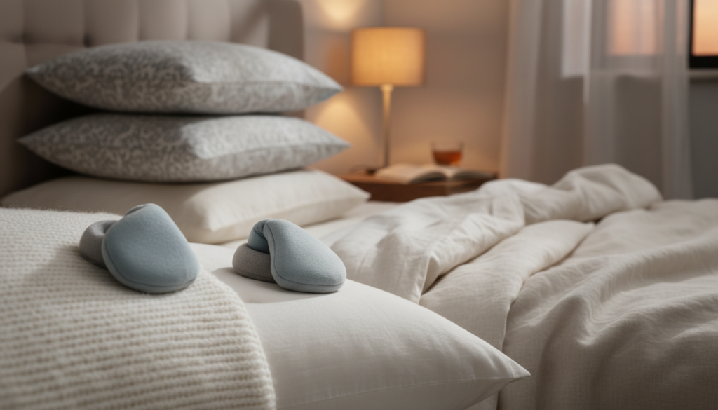 A cozy bedroom scene featuring sleep earphones designed specifically for comfort during sleep. In the foreground, focus on a pair of padded, wireless earphones, made from soft, breathable fabric in calming colors like pale blue and soft gray. The earphones gently rest on a plush pillow. In the middle ground, depict a neatly made bed with soft, inviting sheets and a serene atmosphere. The background should have soft, ambient lighting, suggesting dusk, possibly with a bedside lamp casting a warm glow. The overall mood is peaceful and relaxing, ideal for bedtime, highlighting the importance of comfort for side sleepers. Use a shallow depth of field to focus on the earphones while softly blurring the background.