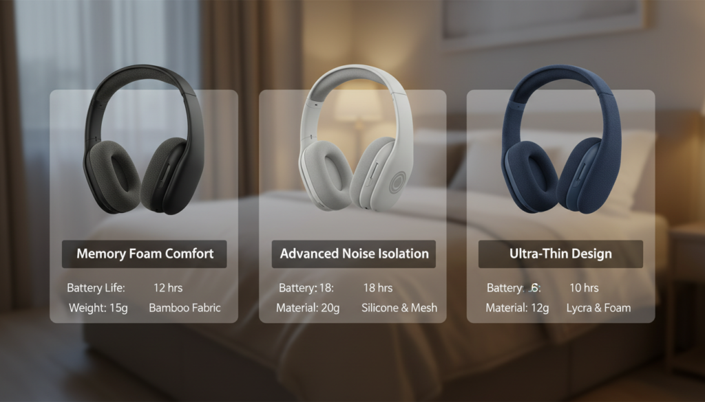 A detailed comparison table showcasing various sleep headphones tailored for side sleepers. In the foreground, prominently display rectangular sections of the table, each featuring individual headphones. Each section should illustrate product images of sleek, modern headphones designed for comfort, with features highlighted such as "memory foam cushions" and "noise isolation." In the middle, add subtle product specifications like battery life, weight, and materials in elegant, clear layouts. The background should be softly blurred, suggesting a serene bedroom setting with calming colors and ambient light to evoke a restful environment. Soft, warm studio lighting enhances the mood, with a slight overhead angle emphasizing the table's structure, creating an inviting and informative atmosphere without any text or distractions.